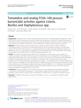 Tomatidine and Analog FC04–100 Possess Bactericidal Activities