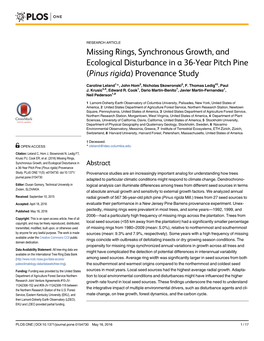 Missing Rings, Synchronous Growth, and Ecological Disturbance in a 36-Year Pitch Pine (Pinus Rigida) Provenance Study
