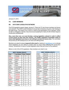 2019 CAWV LEGISLATIVE NETWORK the 2019 Legislative Session