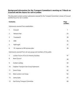 Background Information for the Transport Committee's Meeting on 7 March on Crossrail and the Future for Rail in London