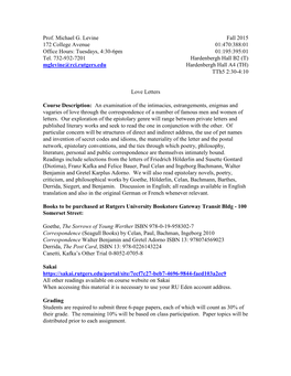 Prof. Michael G. Levine Fall 2015 172 College Avenue 01:470:388:01 Office Hours: Tuesdays, 4:30-6Pm 01:195:395:01 Tel