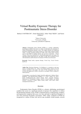 Virtual Reality Exposure Therapy for Posttraumatic Stress Disorder