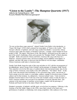 Listen to the Lambs”--The Hampton Quartette (1917) Added to the National Registry: 2005 Essay by Michelle Wick Patterson (Guest Post)*