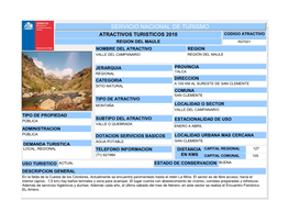 Servicio Nacional De Turismo Atractivos Turisticos 2010 Codigo Atractivo Region Del Maule R07001 Nombre Del Atractivo Region Valle Del Campanario Región Del Maule