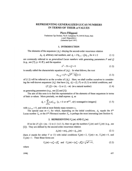 REPRESENTING GENERALIZED LUCAS NUMBERS in TERMS of THEIR A-VALUES Piero Filipponi Fondazione Ugo Bordoni, Via B