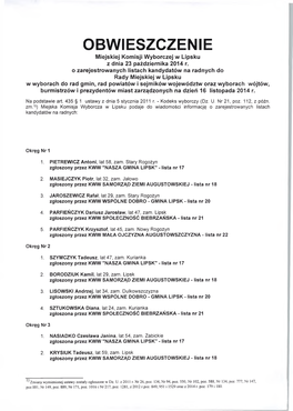 OBWIESZCZENIE Miejskiej Komisji Wyborczej W Lipsku Z Dnia 23 Października 2014 R