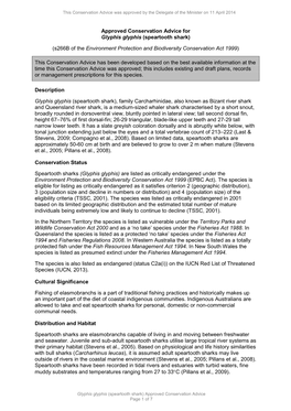 (Speartooth Shark) Approved Conservation Advice Page 1 of 7 This Conservation Advice Was Approved by the Delegate of the Minister on 11 April 2014