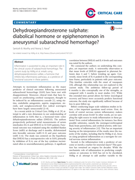 Dehydroepiandrosterone Sulphate: Diabolical Hormone Or Epiphenomenon in Aneurysmal Subarachnoid Hemorrhage? Santosh B