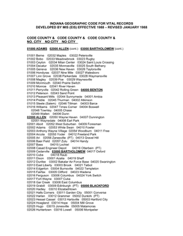 Indiana Geographic Code for Vital Records Developed by Mis (Eis) Effective 1988 – Revised January 1988