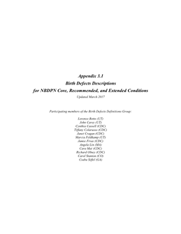 Appendix 3.1 Birth Defects Descriptions for NBDPN Core, Recommended, and Extended Conditions Updated March 2017