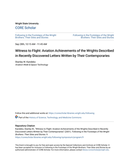 Witness to Flight: Aviation Achievements of the Wrights Described in Recently Discovered Letters Written by Their Contemporaries