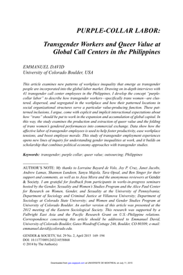 Purple-Collar Labor: Transgender Workers and Queer Value at Global Call Centers in the Philippines