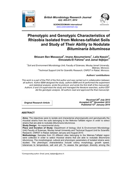 Phenotypic and Genotypic Characteristics of Rhizobia Isolated from Meknes-Tafilalet Soils and Study of Their Ability to Nodulate Bituminaria Bituminosa