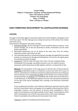 Early Embryonic Development Till Gastrulation (Humans)