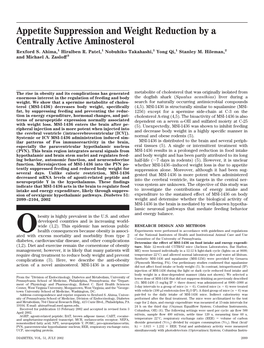 Appetite Suppression and Weight Reduction by a Centrally Active Aminosterol Rexford S