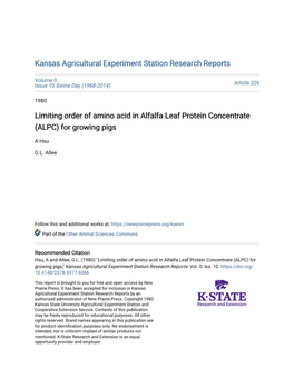 Limiting Order of Amino Acid in Alfalfa Leaf Protein Concentrate (ALPC) for Growing Pigs