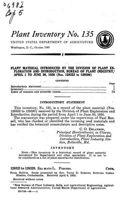 Plant Inventory No. 135 UNITED STATES DEPARTMENT of AGRICULTURE Washington, D