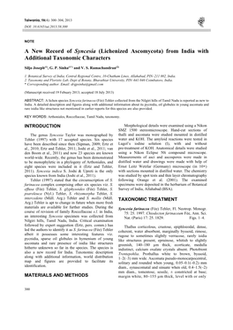 A New Record of Syncesia (Lichenized Ascomycota) from India with Additional Taxonomic Characters