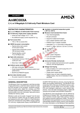 Ammc0xxa 2, 4, Or 8 Megabyte 5.0 Volt-Only Flash Miniature Card