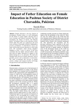 Impact of Father Education on Female Education in Pashtun Society of District Charsadda, Pakistan