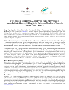 QUINTESSENCE HOTEL ACCEPTED INTO VIRTUOSO® Newest Relais & Chateaux® Hotel in the Caribbean Now Part of Exclusive Luxury T