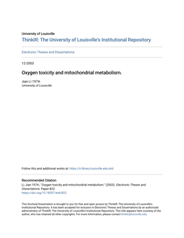 Oxygen Toxicity and Mitochondrial Metabolism