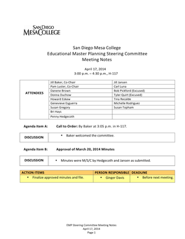 San Diego Mesa College Educational Master Planning Steering Committee Meeting Notes