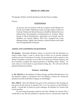 FRIDAY 16TH APRIL 2010 the Speaker, Rt Hon. Sir Peter