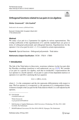 Orthogonal Functions Related to Lax Pairs in Lie Algebras