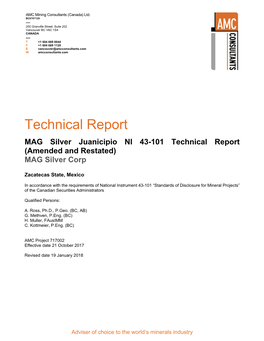 Technical Report MAG Silver Juanicipio NI 43-101 Technical Report (Amended and Restated) MAG Silver Corp