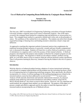 Use of Mathcad in Computing Beam Deflection by Conjugate Beam Method