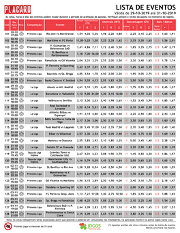 LISTA DE EVENTOS Válida De 29-10-2019 Até 31-10-2019 As Cotas, Horas E Dias Dos Eventos Podem Mudar Durante O Período De Aceitação De Apostas