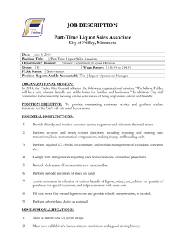 JOB DESCRIPTION Part-Time Liquor Sales Associate