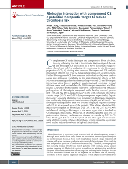 Fibrinogen Interaction with Complement C3: Ferrata Storti Foundation a Potential Therapeutic Target to Reduce Thrombosis Risk