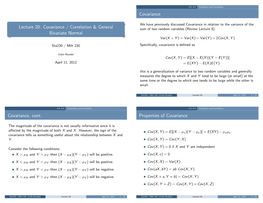 Lecture 20: Covariance / Correlation & General Bivariate Normal