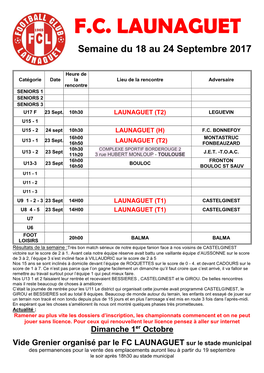 F.C. LAUNAGUET Semaine Du 18 Au 24 Septembre 2017