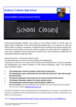 St Mary's Catholic High School Unavoidable School Closure Policy