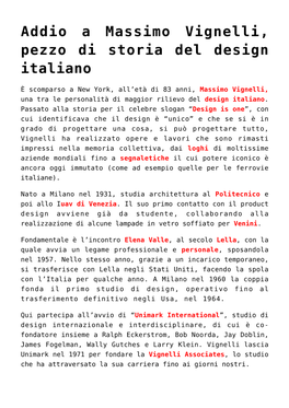 Addio a Massimo Vignelli, Pezzo Di Storia Del Design Italiano