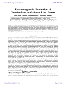 Pharmacognostic Evaluation of Clerodendrum Paniculatum Linn