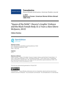 Transatlantica, 1 | 2018 “Queen of the Fields”: Slavery’S Graphic Violence and the Black Female Body I