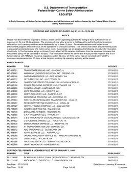 U.S. Department of Transportation Federal Motor Carrier Safety Administration REGISTER