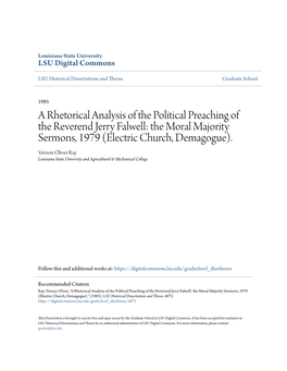 A Rhetorical Analysis of the Political Preaching of the Reverend Jerry Falwell: the Moral Majority Sermons, 1979 (Electric Church, Demagogue)