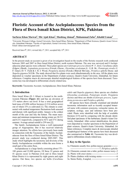 Floristic Account of the Asclepiadaceous Species from the Flora of Dera Ismail Khan District, KPK, Pakistan