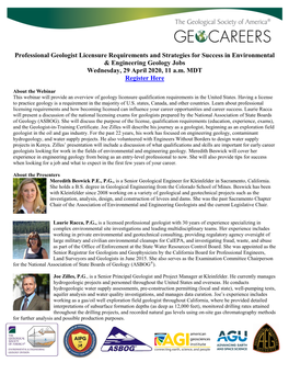 Professional Geologist Licensure Requirements and Strategies for Success in Environmental & Engineering Geology Jobs Wednesday, 29 April 2020, 11 A.M