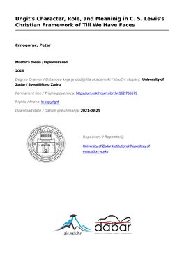 Ungit's Character, Role, and Meaninig in C. S. Lewis's Christian Framework of Till We Have Faces