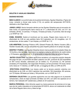 Boletin 31 Aguilas Cibaeñas