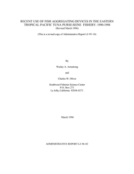 RECENT USE of FISH AGGREGATING DEVICES in the EASTERN TROPICAL PACIFIC TUNA PURSE-SEINE FISHERY: 1990-1994 (Revised March 1996)