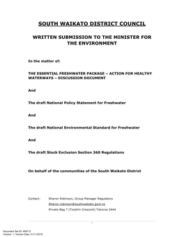 South Waikato District Council Written Submission to the Minister for The