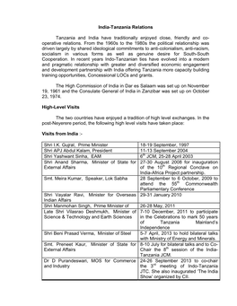 India-Tanzania Relations Tanzania and India Have Traditionally Enjoyed Close, Friendly and Co