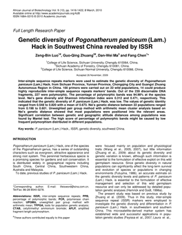 Genetic Diversity of Pogonatherum Paniceum (Lam.) Hack in Southwest China Revealed by ISSR